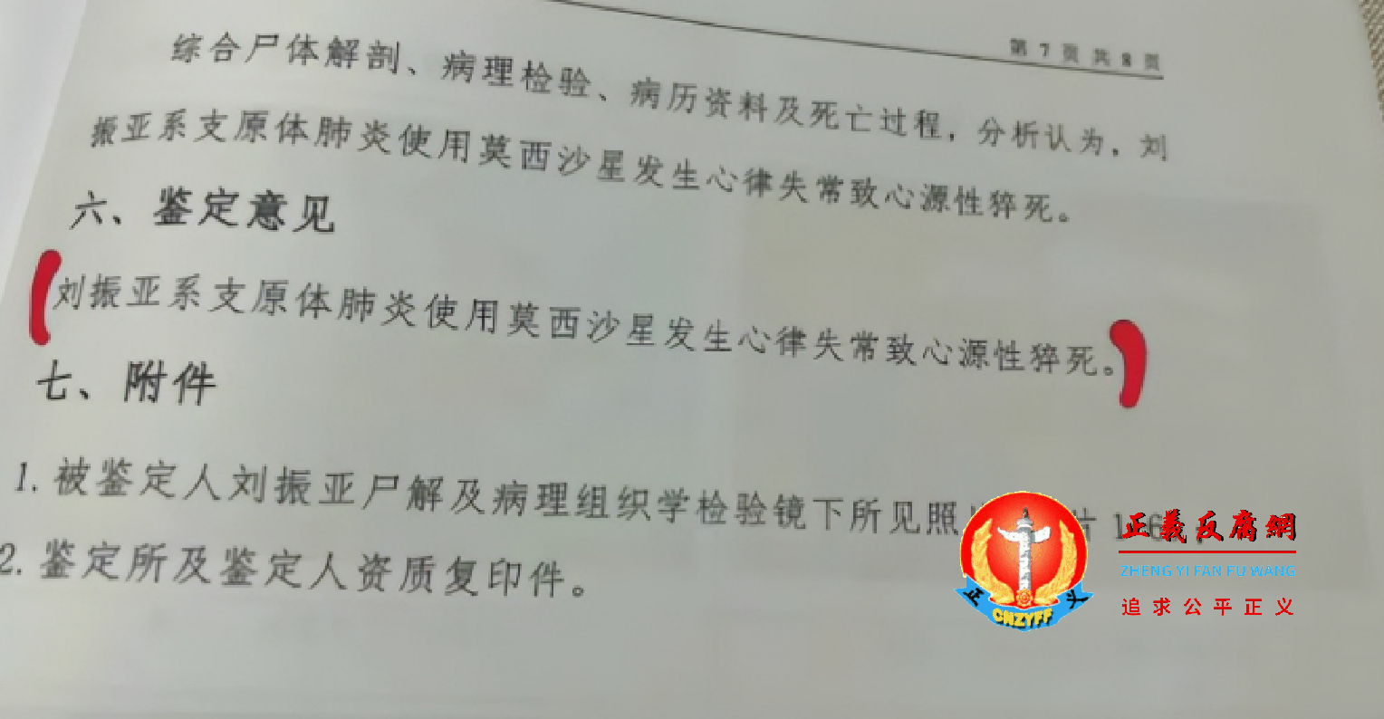 司法鉴定书，鉴定意见是：死者刘振亚死亡原因系使用药物莫西沙星发生心律失常致心源性猝死。.png
