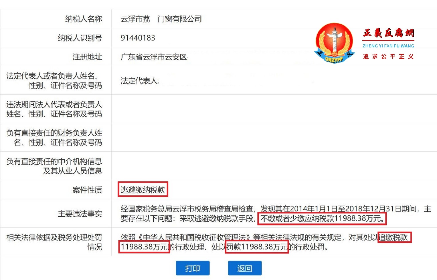 广东云浮市荔和门窗有限公司因逃避缴纳税款被追缴税款并处1倍罚款,对其处以追缴税款11988.38万元的行政处理、处以罚款11988.38万元的行政处罚。.jpg 广东云浮市荔和门窗有限公司因逃避缴纳税款被追缴税款并处1倍罚款,对其处以追缴税款11988.38万元的行政处理、处以罚款11988.38万元的行政处罚。.jpg